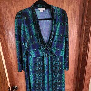 Liz Claiborne EUC peacock print faux wrap dress XL